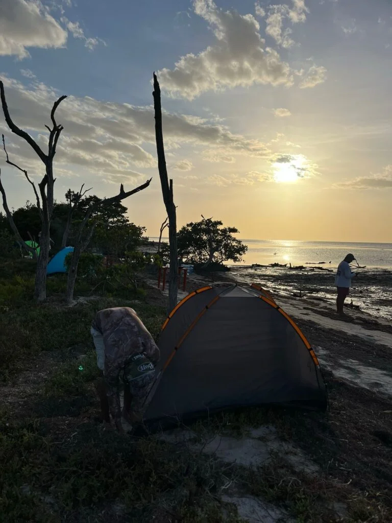 Tienda de campaña montada en la orilla al atardecer durante una experiencia de camping en Ría Lagartos.