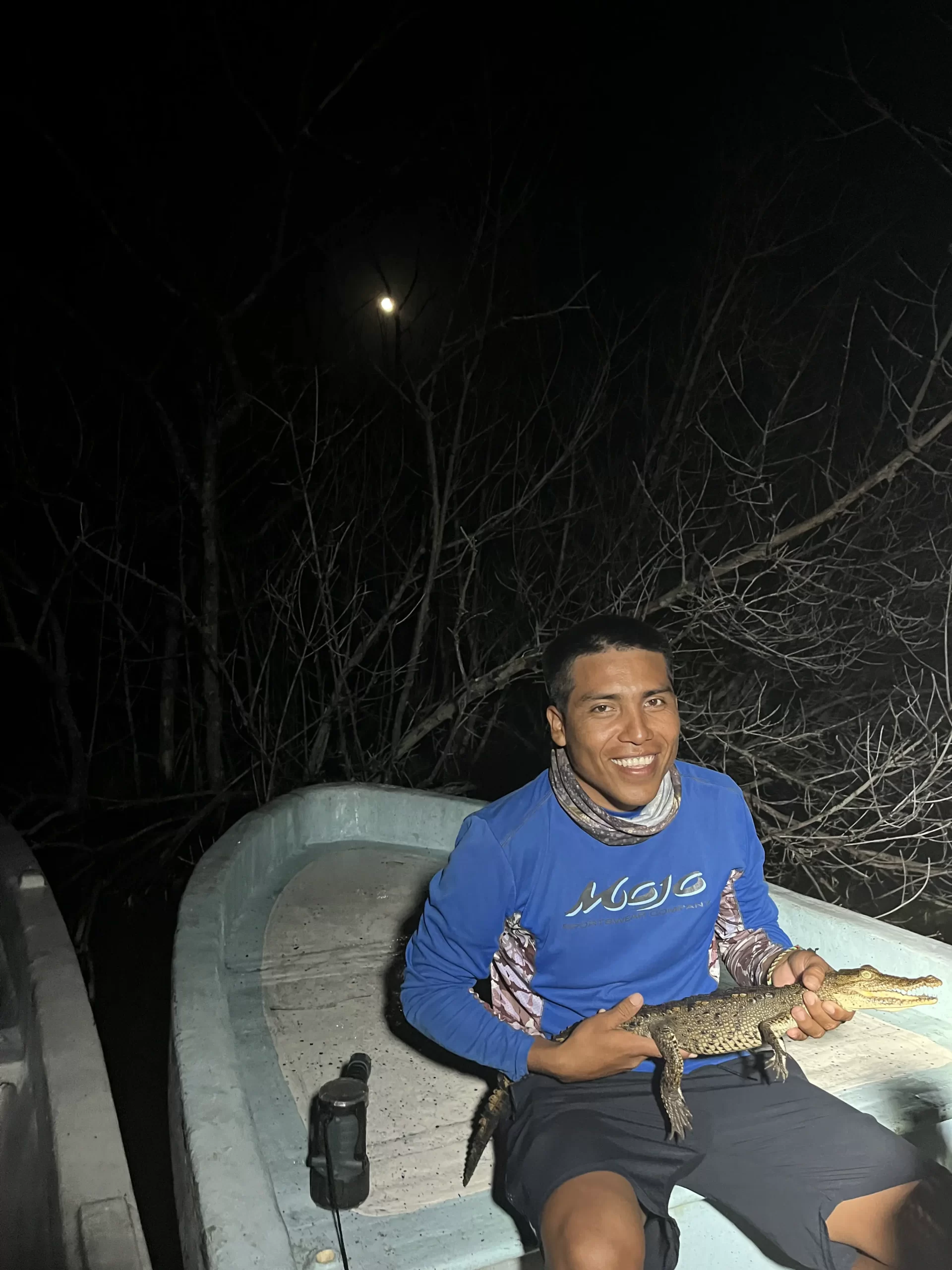 Nighttime crocodile observation experience in the mangrove channels of R&iacute;o Lagartos