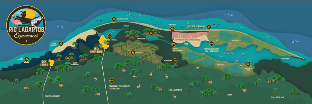 Ecotourism experience map in R&iacute;o Lagartos with icons of wildlife, Las Coloradas, mangroves, and observation points